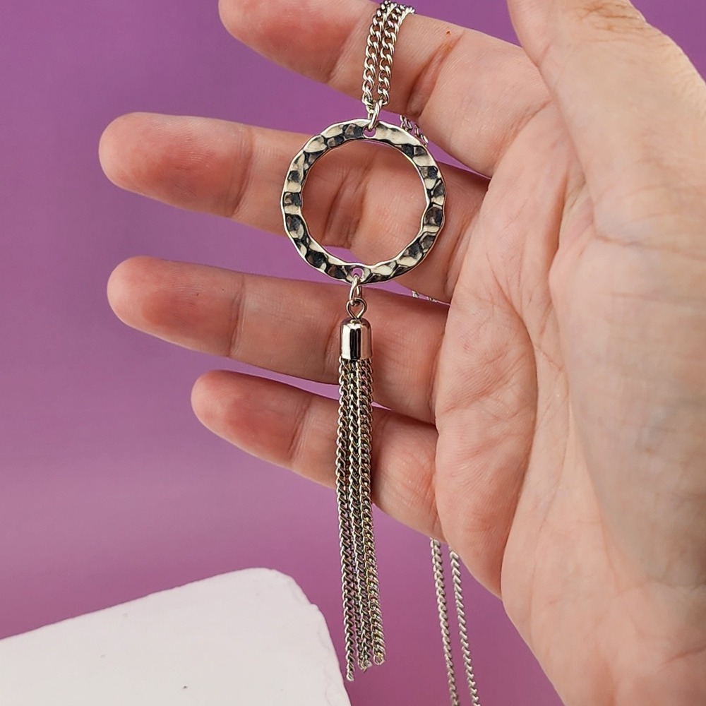 Silver Tone Hammered Open Circle Pendant Necklace Chain Tassel Statement Boho